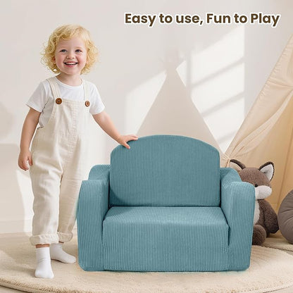 Comfy Toddler Chair for Kids, 2-in-1 Toddler Soft Plush Couch Fold Out, Convertible Kids Couch to Lounger, Baby Sofa for Boys and Girls, Blue