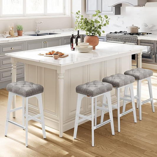 VASAGLE Bar Stools Set of 4, Saddle Counter Height Bar Stools, 26-Inch Backless Kitchen Stools with Wood Legs, PU Leather Thickened Upholstered Barstools for Kitchen Island Dining Room, Dove Gray