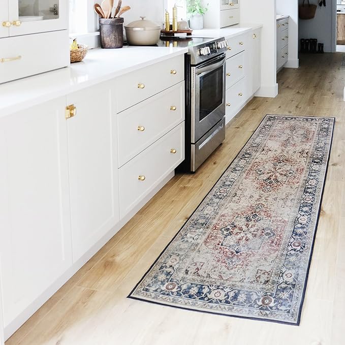RUGGABLE Washable Vintage Runner Rug – Kamran Royal Blue 2.5x10, Stain-Resistant, Non-Slip Hallway Runner – Machine Washable Rug for Hallway, Entryway, Living Room & Kitchen–with Cushioned Pad