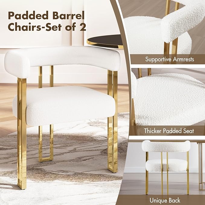 Set of 2 Modern White Boucle Dining Chairs with Gold Metal Legs, Mid Century Accent Upholstered Barrel Armchairs with Open-Back for Kitchen, Dining Room, Living Room, Apartment