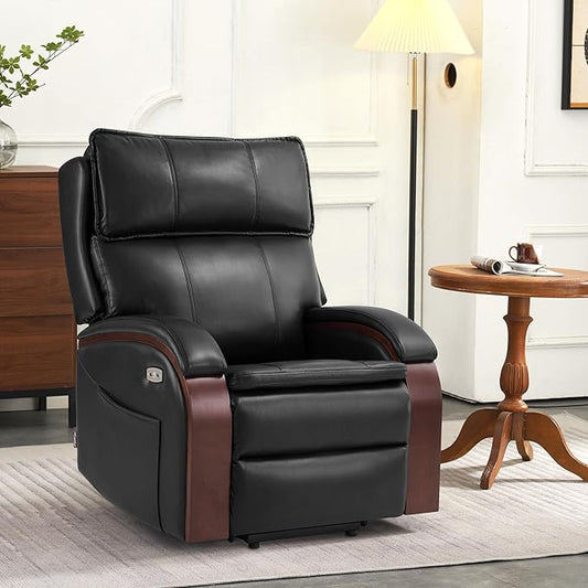 MCombo Power Lift Recliner Chair Sofa with Massage and Heat, Adjustable Headrest for Elderly People, Solid Wood Armrest, USB Ports, Side Pockets, Faux Leather 7917 (Black, Medium)