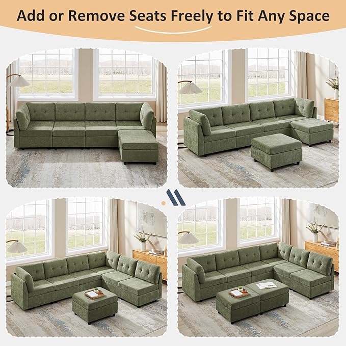 VANOMi 5 Seater Cloud Couches for Living Room with Ottoman, Convertible Modular Sectional Sofa Bed, Chenille Cloud Sofas & Couches for Apartment, Office, Green, Sofa Bed