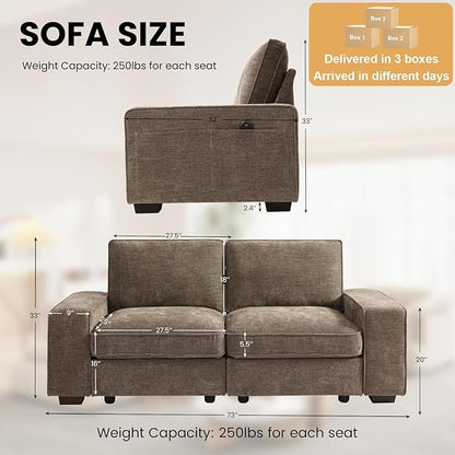 TEKAMON 73" Modular Sofa Couch with Seat Storage, Comfy 2-Seater Chenille Fabric Loveseat Sofa for Living Room, Office, Apartment W/Deep Seat, Wide Armrest, USB Charing Removable Cover(Brown)