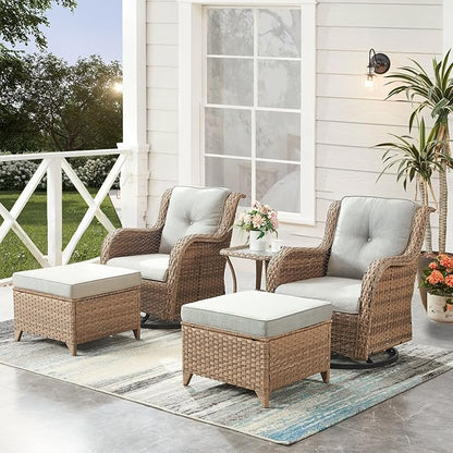 HUMMUH 5 Piece Outdoor Patio Furniture Set Wicker Conversation Bistro Set Swivel Rocking Chairs with Side Table and Ottomans for Backyard, Porch, Balcony