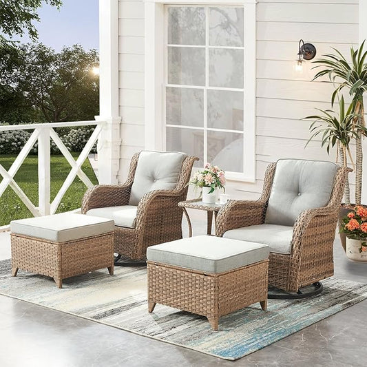 HUMMUH 5 Piece Outdoor Patio Furniture Set Wicker Conversation Bistro Set Swivel Rocking Chairs with Side Table and Ottomans for Backyard, Porch, Balcony