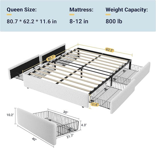 Allewie Queen Size Bed Frame with 4 Oversized Storage Drawers, Soft Teddy Fabric, Boucle Upholstered Platform Bed, Wooden Slats Support, Noise-Free, No Box Spring Needed, Easy Assembly, White