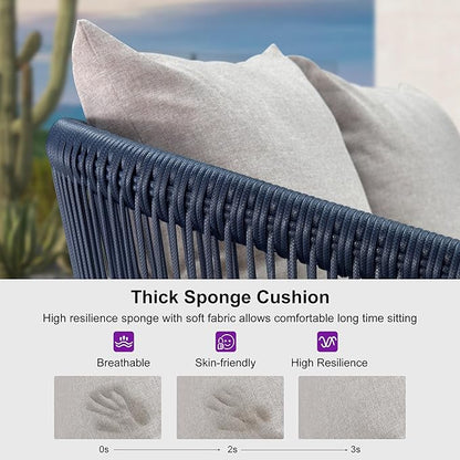 PURPLE LEAF 4 Pieces Patio Conversation Set Outdoor Wicker Furniture with Aluminum Table and Rattan Chairs Sofa Cushions Included for Porch Backyard Garden Balcony Gray