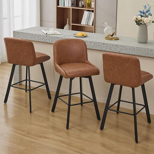 Swivel Bar Stools Set of 3, 30''H Upholstered Barstools with Backs, Modern Counter Height Bar Stool Chairs for Kitchen Island, Metal Legs, Faux Leather, Brown Counter Stools
