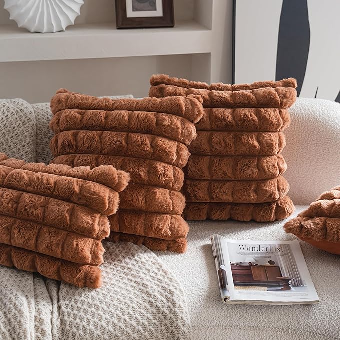 Neelvin Brown Faux Fur Cozy Soft Plaid Decorative Throw Pillow Covers 16x16 inch Set of 2,Velvet Pillowcase Cushion Case for Sofa Couch