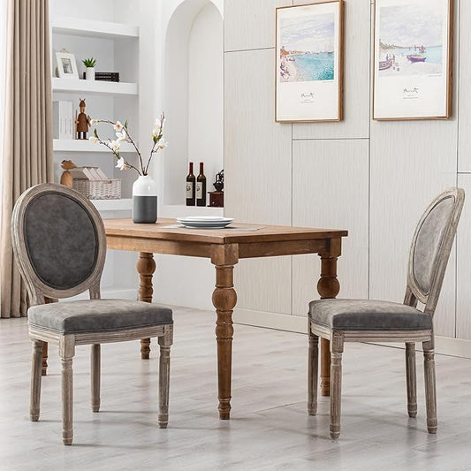 Farmhouse Leather Dining Room Chairs Set of 2 French Dining Chairs with Round Back, Wood Legs, French Bistro Chairs for Dining Room/Living Room/Kitchen/Restaurant, Grey