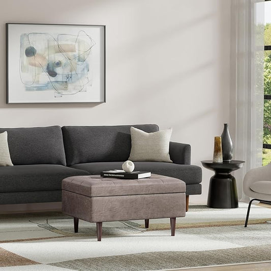 SIMPLIHOME Shay 34 inch Wide Mid Century Modern Small Rectangle Coffee Table Storage Ottoman in Distressed Grey Taupe Vegan Faux Leather, Assembled, for The Living Room and Entryway