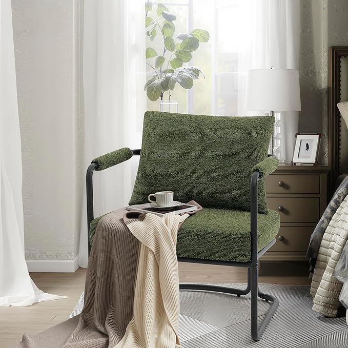Single Accent Chair for Living Room, Mid Century Modern Upholstered Reading Armchair for Bedroom, Office, with Comfy Chenille Cushion Back & Metal Frame, Green