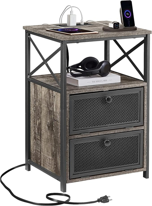 VECELO Oak Gray End Table with USB Ports and Outlets,24 Inch Nightstands with Charging Station and Storage Shelf for Bedroom,Living Room, 1 Set