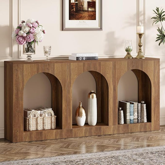 Tribesigns 70.9" Console Table with Storage, Wood Entryway Entry Table with 3 Arched Shelves for Foyer, Hallway, Living Room, Behind Couch Sofa, Narrow Long, Brown