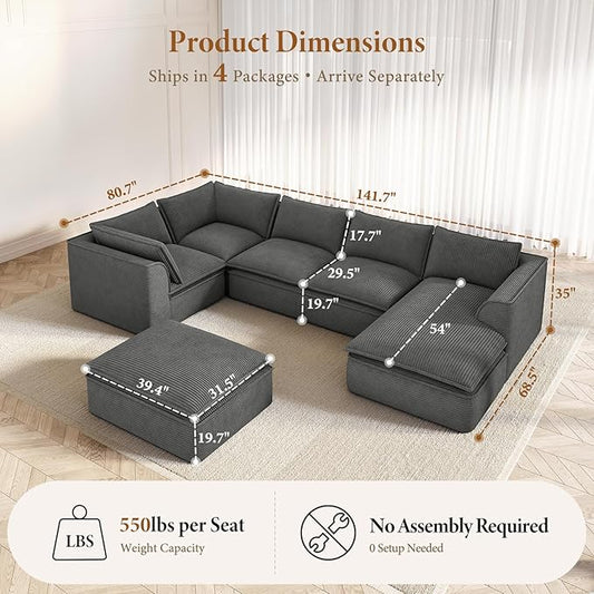 Vesgantti 141.7" Oversized Boneless Sectional Couch, 7 Seater Modular Sofa with Chaise & Ottoman & Armrest, Deep Seat Corduroy Cloud Couches for Living Room, No Assembly Required, Dark Gray