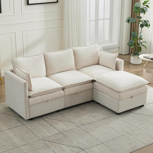 80" Cloud Modular 3 Seater Sofa with Storage Ottoman, Modern Upholstered Storage Sofa Couch Deep Seat, L Shape Sectional Sofa Chenille Comfy Couch with Armrests for Living Room, Small Space, Beige
