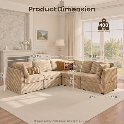 130'' Modern Modular Sectional Sofa,5 Seats Cloud Comfort Corduroy Fluffy Couch,L Shaped Convertible Sofa Couch for Living Room,Beige