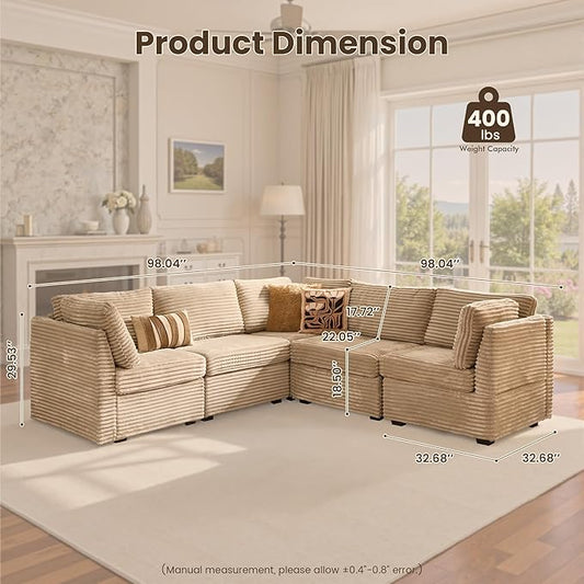 130'' Modern Modular Sectional Sofa,5 Seats Cloud Comfort Corduroy Fluffy Couch,L Shaped Convertible Sofa Couch for Living Room,Beige
