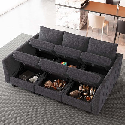 Belffin Modular Sectional Sofa Chenille Sleeper Sectional Couch with Storage Modular Sofa Bed for Living Room, 6 Seats, Dark Grey