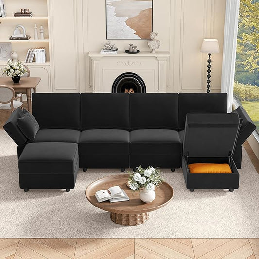 Vesgantti Sectional Couches with Storage Seats, 118" L Shaped Convertible Modular Sectional Sofa, 4 Seat & 2 Ottomans Velvet Storage Chaises Deep Seat Couch for Living Room, Bedroom, Apartment, Black
