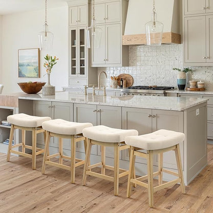 Counter Height Bar Stools Set of 6 for Kitchen Counter Farmhouse Modern Barstools with Upholstered Fabric Backless Seat and Solid Wood Legs 24 inch Bar Chairs, Khaki + Wood Color