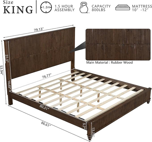 King Size Solid Wood Platform Bed Frame, Solid Wood Bed with 79.13" Headboard, Solid Wood Leg/No Box Spring Needed/Noise Free/Brown