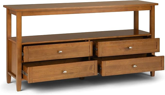 SIMPLIHOME Warm Shaker Wide Console Table - 60 Inch Wide Solid Wood Sofa Table in Light Golden Brown, Transitional Storage for Living Room with 4 Drawers, Open Shelf, and Brushed Nickel Knobs