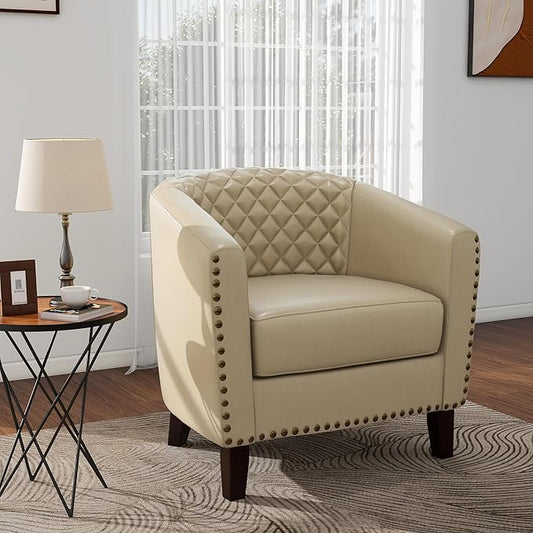 Pia Ricco Faux Leather Barrel Accent Chair, Modern Club Arm Chair Comfy Upholstered Single Sofa Chair with Solid Wood Legs and Nailhead Trim for Living Room/Reading Room, Beige