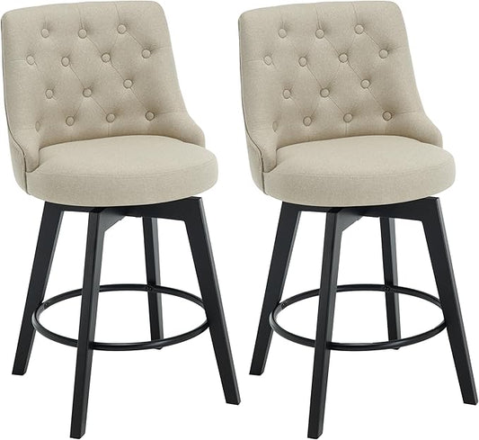 MINCETA Set of 2 Upholstered Bar Stools - 26 Inch Swivel Counter Height Stools with Low Tufted Back, Footrest & Performance Fabric - Khaki Round Seat for Kitchen Island & Home Bar