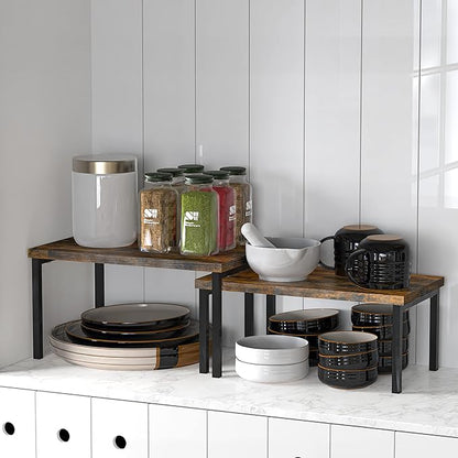 Simple Houseware Wooden Top Expandable Stackable Kitchen Cabinet and Counter Shelf Organizer, Rustic Brown