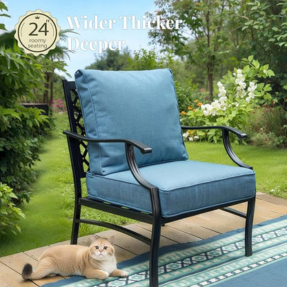 Patio Furniture Set, 6 Pcs Metal Outdoor Conversation Set, 2 Single Chairs, 2 Ottomans and 3 Seater Sofa with 5.75" Extra Thick Cushion and Gas Fire Pit Table, Navy Blue