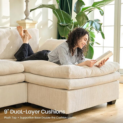 Belffin Large Modular Sectional Sofa with Deep Chaise, 73.6" Corduroy L Shaped Couch with 9" Soft Dual-Layer Seats Cushion for Living Room, Apartment, Beige