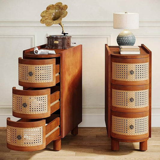 Tribesigns 3-Drawer Rattan End Table, Sofa Side Table with Vintage Embossed Handles, Slim Nightstand for Living Room, Bedroom, Finished Back, No Assembly (Walnut & Oak, 2PCS)