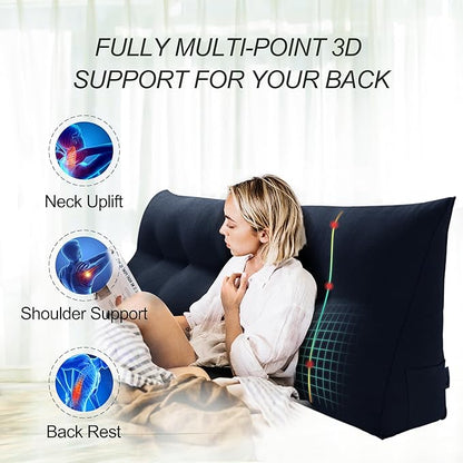 WOWMAX 85% Linen 15% Cotton Blend Headboard Pillow – King Size Reading Wedge Backrest for Bed, Handmade Firm Support Bolster Cushion with Removable Cover, Premium Bed Rest Pillow, Blue