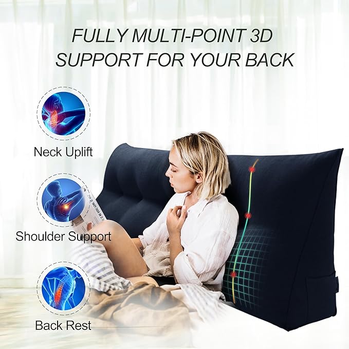 WOWMAX 85% Linen 15% Cotton Blend Headboard Pillow – Full Size Reading Wedge Backrest for Bed, Handmade Firm Support Bolster Cushion with Removable Cover, Premium Bed Rest Pillow, Blue