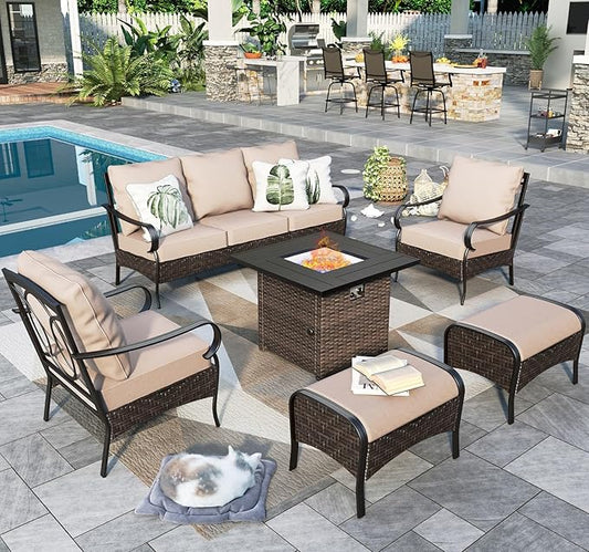 Sophia & William Patio Furniture Set with 32" Fire Pit Table, 3-Seater Sofa, 2 Sofa Chairs, 2 Ottoman, 7 Seats Outdoor Metal Conversation Sets for Seating Lawn Garden Backyard, Beige