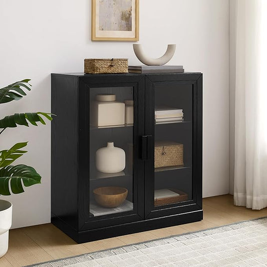 Crosley Furniture Essen Stackable Glass Door Kitchen Pantry Storage Cabinet, Accent Cabinets for Entryway, Black