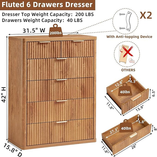 LEYAOYAO Fluted 6 Drawers Dresser for Bedroom Set of 2, 42" Tall Modern Chest of Drawers with Metal Handle, Curved Profile Design,Brown Wood Drawer Organizer for Bedroom, Living Room, Hallway