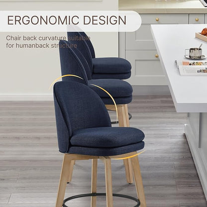 Counter Height Barstools 26 inch Upholstered Swivel Bar Stools with Back and Wood Legs for Kitchen Island,Set of 1,Blue Fabric-Armless
