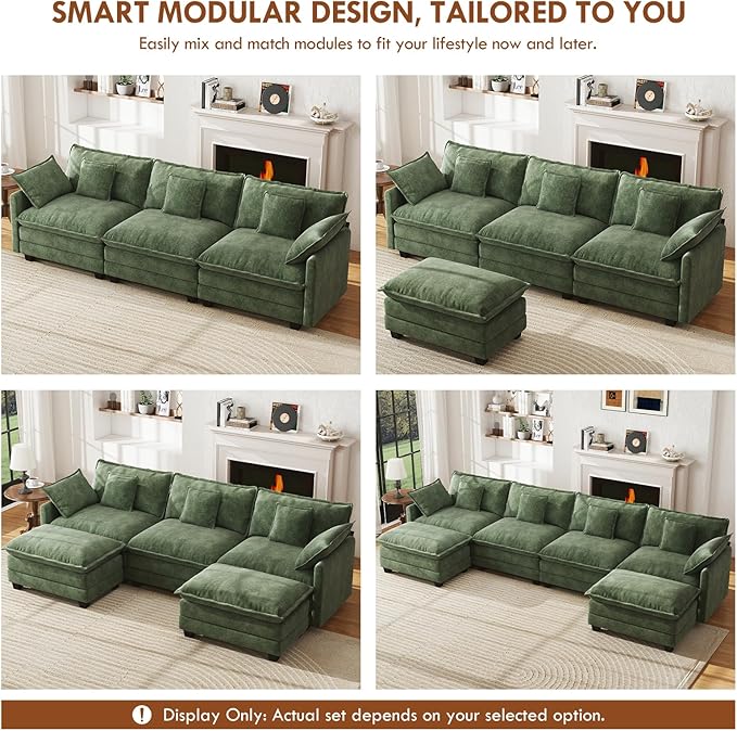 WorthFurni 111.4” Cloud Couch Modular Sectional Sofa with Ottoman, Comfy Modern 3-Seater Couches with Pillows & Upholstered Deep Seat Cushion for Apartment Living Room Bedroom (Green)