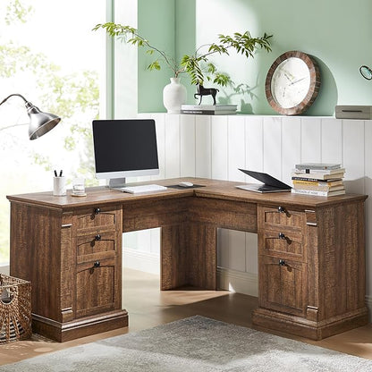 OKD 60" L Shaped Executive Desk with Drawers, Farmhouse Home Office Desk with Charging Station, File Cabinet Storage, Wood Corner Computer Desk for Work and Study, Reclaimed Barnwood