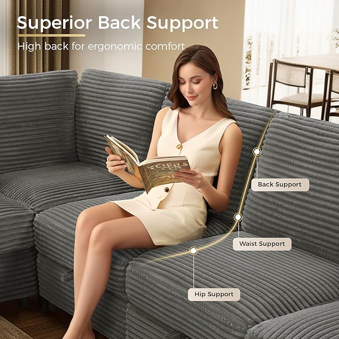 KKL Modular Sectional Sofa Bed with Storage Ottoman, Convertible L/U/J-Shaped Sleeper Couch Plush Wide-Wale Corduroy for Living Room, Apartment, Modern Design, Gray