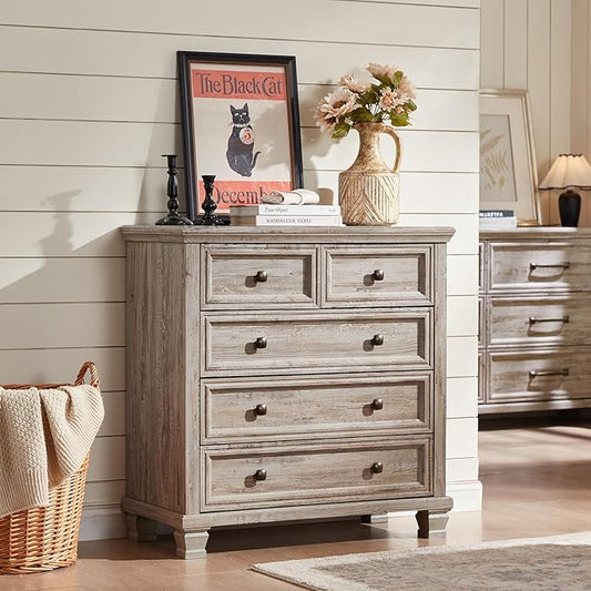 Farmhouse Bedroom Dresser and Nightstand Set of 4, 6 Drawer Tall & 5 Drawers Dresser & 3 Drawer Nightstand Set with Wooden Legs, Rustic Wood Bedroom Furniture for Livingroom, Hallway, Grey