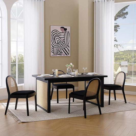 Rattan Dining Chairs Set of 6, Modern Dining Room Chairs with Cane Back Comfy Accent Sherpa Chair Upholstered Boucle Chair for Kitchen/Restaurant/Living Room, Black