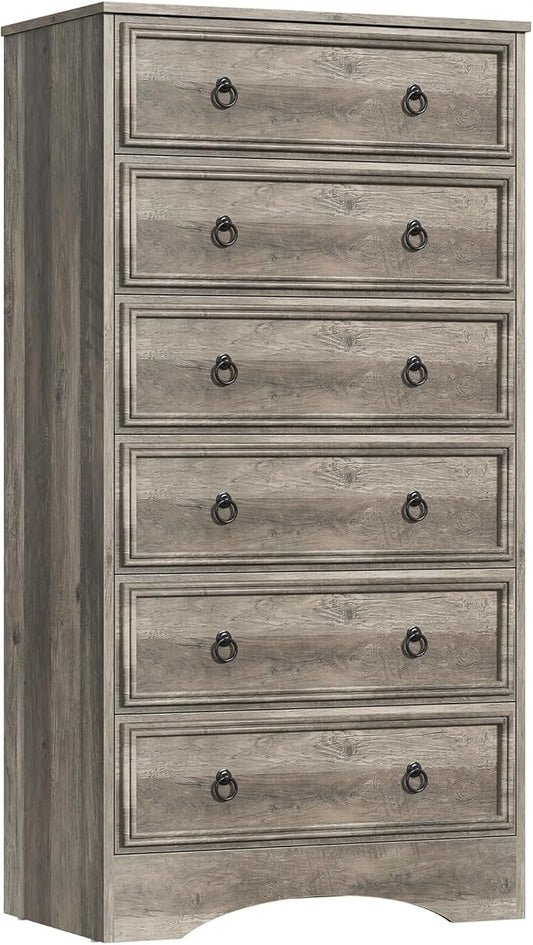 6 Drawer Dresser 52" Tall for Bedroom, Wood 6 Chest Drawers, Storage for Clothes, Narrow Large Drawers, Taupe Vintage, for Living Room, Bedroom, Hallway, Brownish Grey