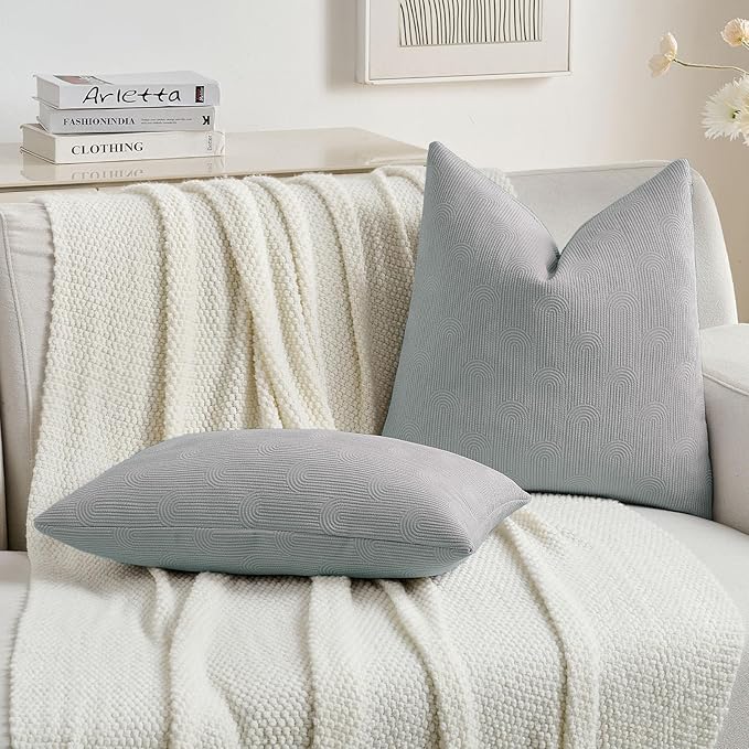 FUTEI Dusty Blue Chenille Decorative Throw Pillow Covers 12x20 Inch Set of 2,Soft Cozy Striped Geometric Patterns Lumbar Pillow Cases,Modern Home Decor for Couch Bed Living Room