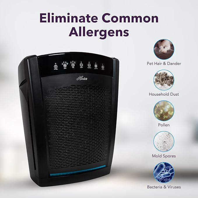 Hunter HP850 Air Purifiers for Home Large Room and Bedroom. True HEPA Air Purifier for Pets, Odors, Allergens, Smoke, Dust. 4 Fan Speeds, Quiet Sleep Mode, UV Mode. Filters 2585 Ft² per hour. Black