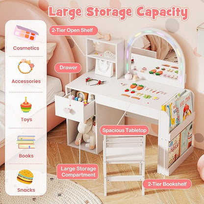 Costzon Kids Vanity, Girls Vanity Set with Lighted Mirror, Bookshelf, Drawer, Storage Cabinet & Shelves, Toddler Makeup Vanity Desk Dressing Table, Wooden Kids Vanity Table and Chair Set (White)