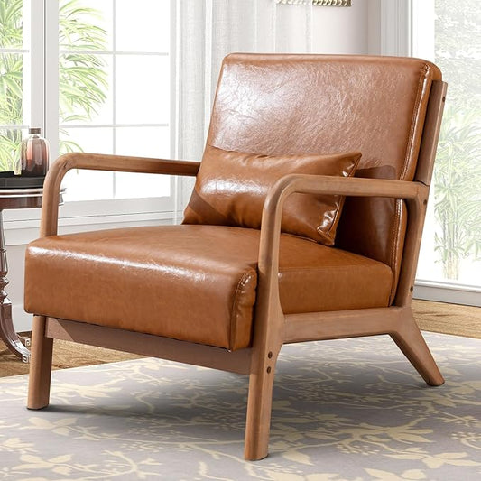 Accent Chair Mid Century Modern Chair PU Leather Living Room Chairs with Solid Wood Frame Comfy Upholstered and Lumbar Pillow Reading Side Chair Easy Assembly for Living Room, PU Brown