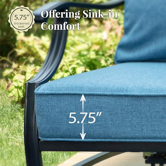 Patio Furniture Set, 6 Pcs Metal Outdoor Conversation Set, 2 Rocker Chairs, 2 Ottomans and 3 Seater Sofa with 5.75" Extra Thick Cushion and Gas Fire Pit Table, Navy Blue